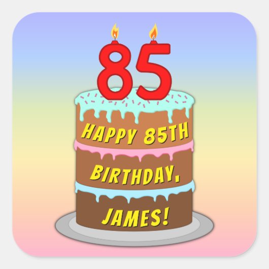 85誕生日:おもしろいケーキとキャンドル+名前をカスタムする スクエアシール (正面)