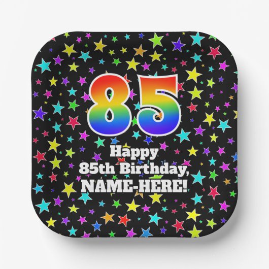 85誕生日:おもしろいスター柄と虹"85" ペーパープレート (正面)