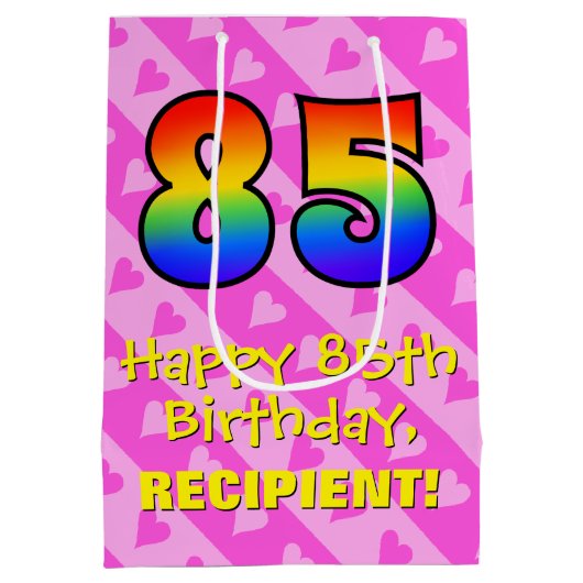 85誕生日:おもしろいピンクハートストライプ、虹85 ミディアムペーパーバッグ (裏面)
