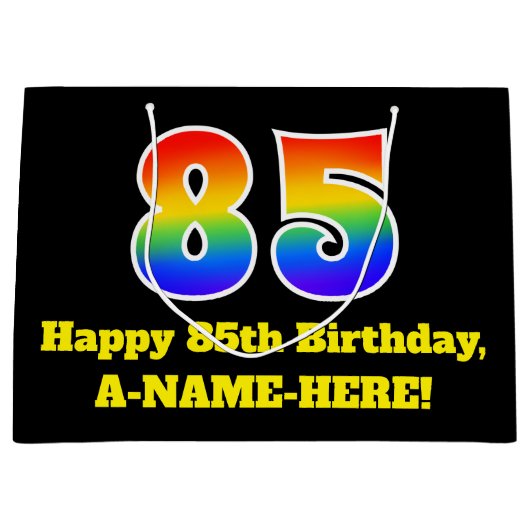 85誕生日~おもしろい, カラフル, 鮮やか, Rainbow 85 ラージペーパーバッグ (正面)