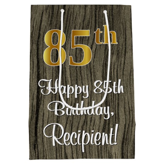 85誕生日:エレガントフェイク金ゴールドルック#,フェイク Wood ミディアムペーパーバッグ (裏面)