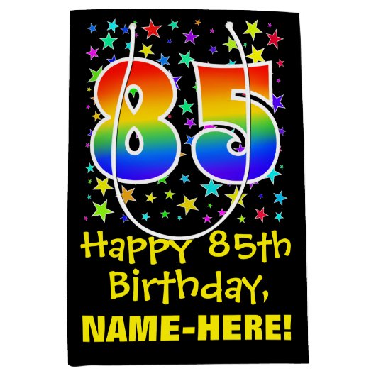 85誕生日:カラフルスターズパターン&レインボー85 ミディアムペーパーバッグ (正面)