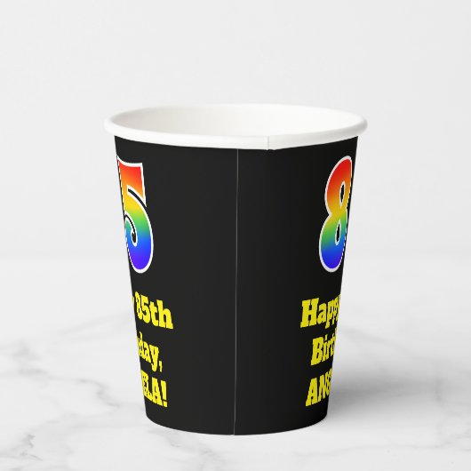 85誕生日:カラフル、おもしろい、エキサイティング、虹85 紙コップ (右)