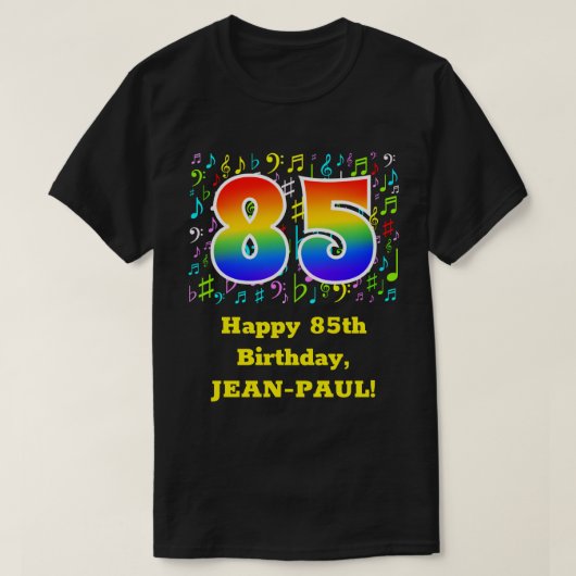 85誕生日:カラフルMusic Symbols, Rainbow 85 Tシャツ (デザイン正面)