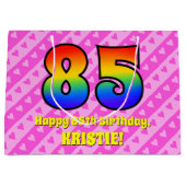 85誕生日:ピンクストライプのハート、レインボー# 85 ラージペーパーバッグ (正面)