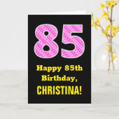 85誕生日:ピンクストライプ色のハートと"85" +名前 カード (黄色い花)