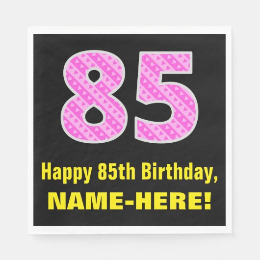 85誕生日：ピンクストライプ色のハートと"85" +名前 スタンダードランチョンナプキン (正面)