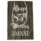 85誕生日: ファンシー, フェイク Wood Look +名前をカスタムする ミディアムペーパーバッグ (正面)