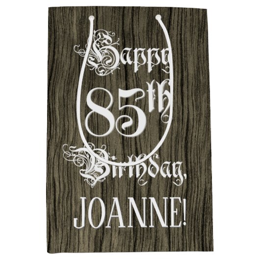 85誕生日: ファンシー, フェイク Wood Look +名前をカスタムする ミディアムペーパーバッグ (正面)