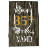 85誕生日:フェイク金ゴールドルック&ウッドフェイクパターン ミディアムペーパーバッグ (正面)