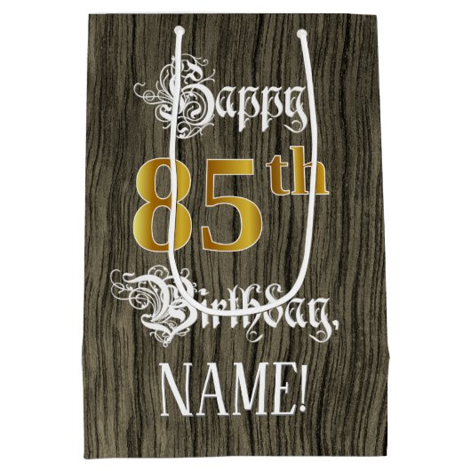 85誕生日:フェイク金ゴールドルック&ウッドフェイクパターン ミディアムペーパーバッグ (裏面)