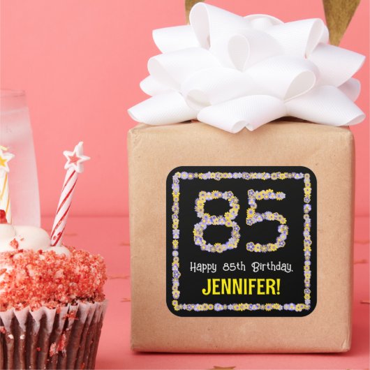 85誕生日:フローラ花数名前をカスタムする スクエアシール (パーティー)