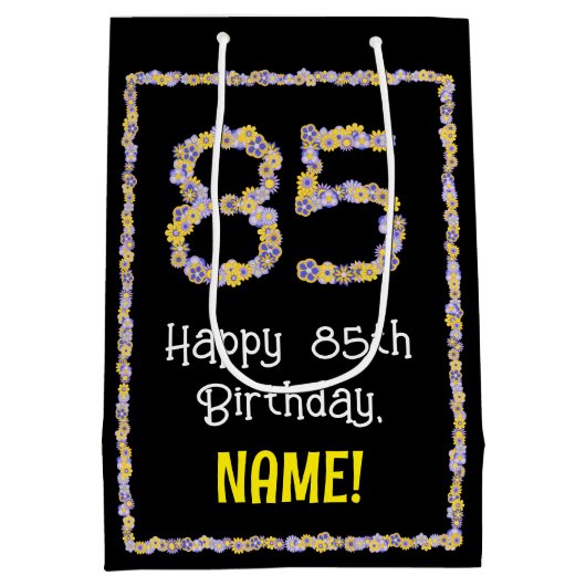 85誕生日:フローラ花数名前をカスタムする ミディアムペーパーバッグ (裏面)