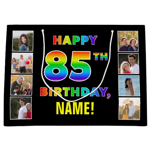 85誕生日：レインボー文字カスタム、写真&名前 ラージペーパーバッグ (正面)