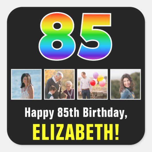 85誕生日：レインボー「85」、写真カスタムと名前 スクエアシール (正面)