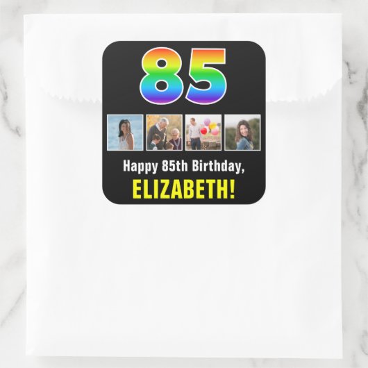 85誕生日:レインボー「85」、写真カスタムと名前 スクエアシール (バッグ)