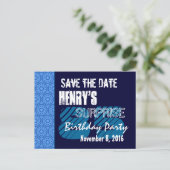 85thサプライズ誕生日日付の青いパターンを保存 案内ポストカード (スタンド正面)