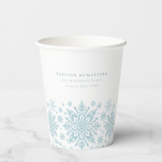 85thバースデーパーティーブルーホワイトスノーフレークカスタム 紙コップ (裏面)