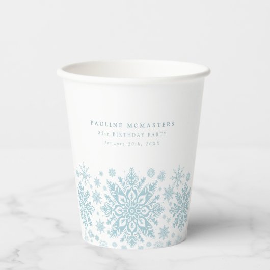 85thバースデーパーティーブルーホワイトスノーフレークカスタム 紙コップ (正面)