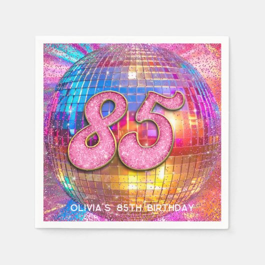 85thバースデーパーティー金ゴールドピンクグリッターディスコボール スタンダードカクテルナプキン (正面)