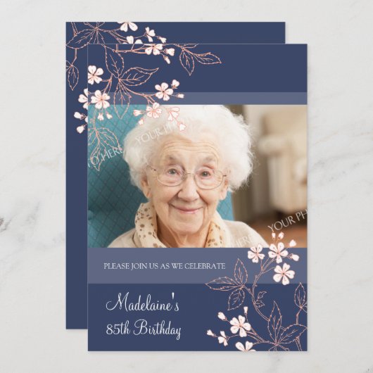 85thバースデーパーティ招待状ブルーサンゴフラワーズ 招待状 (正面/裏面)