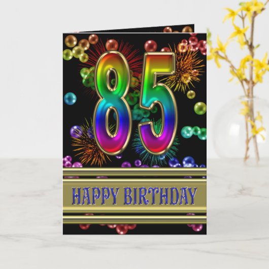 85th虹の泡および花火との誕生日 カード (黄色い花)