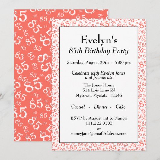 85th誕生日パーティーコーラルとホワイトナンバーパターン 招待状 (正面/裏面)