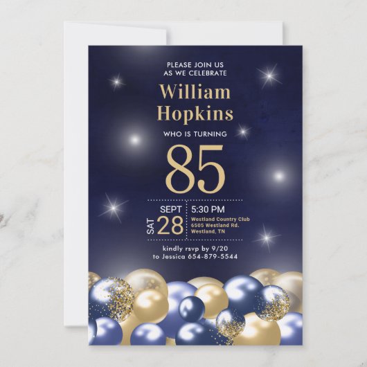 85th誕生日パーティー海軍ブルー金ゴールドバルーン写真 招待状 (正面)