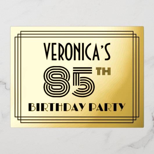 85th誕生日パーティー~アールデコスタイル"85" +名前 箔招待状ポストカード (正面)