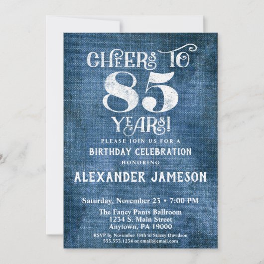 85th誕生日招待状ブルーリネン素朴応援 招待状 (正面)