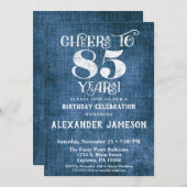 85th誕生日招待状ブルーリネン素朴応援 招待状 (正面/裏面)