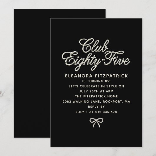 85th Birthday Black White Pearl Script Bow 招待状 (正面/裏面)