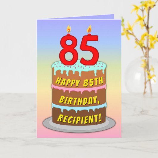 85th Birthday — Fun Cake & Candles, w/ Custom Name カード (黄色い花)