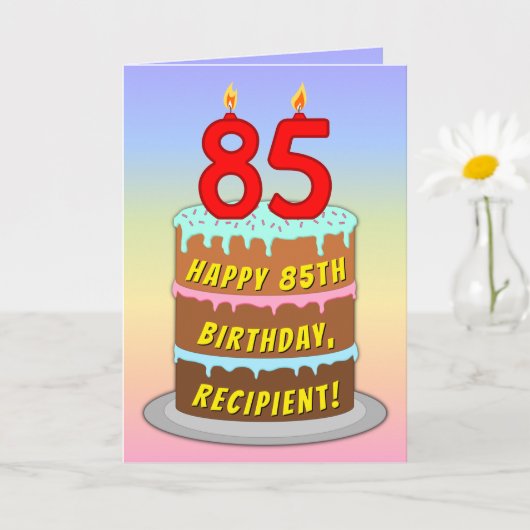 85th Birthday — Fun Cake & Candles, w/ Custom Name カード (小さな植物)