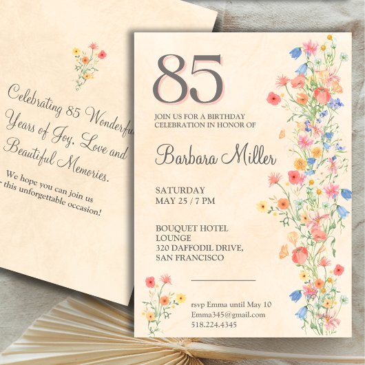 85th Birthday Invite - Floral Wildflowers Elegant 招待状