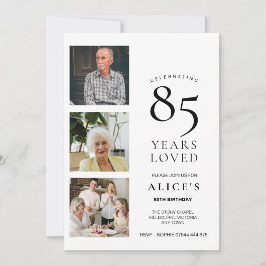 85th Birthday Invite with Photo, Elegant Simple 招待状 (正面)