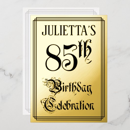 85th Birthday Party – スクリプエレガントト+名前をカスタムする 箔招待状 (正面/裏面)