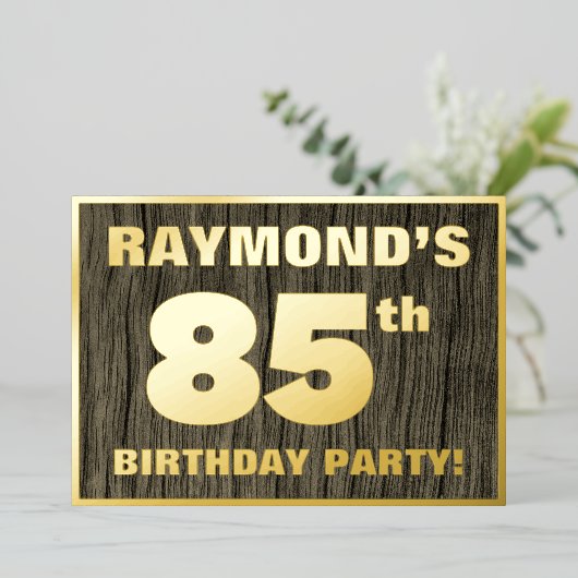 85th Birthday Party: Bold, Faux Wood Grain Pattern 箔招待状 (立ち正面)