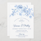 85th Birthday Party Dusty Blue Floral 招待状 (正面/裏面)