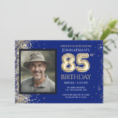 85th Birthday Party Gold Glitter Blue Photo Invita 招待状 (スタンド正面)