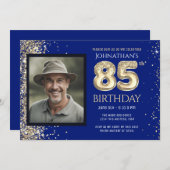 85th Birthday Party Gold Glitter Blue Photo Invita 招待状 (正面/裏面)
