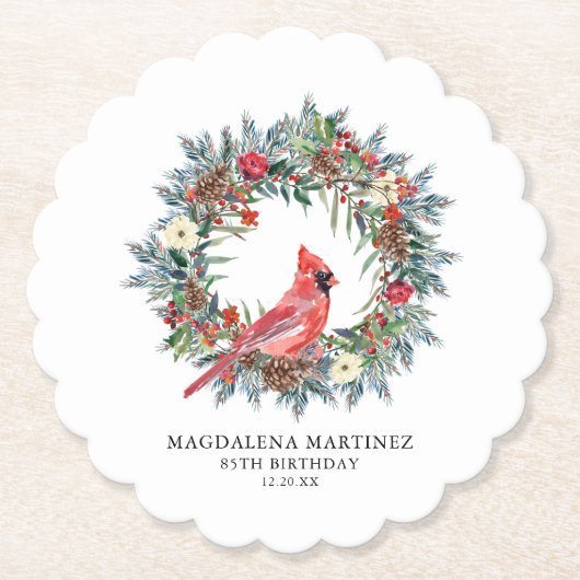 85th Birthday Party Red Cardinal Wreath Custom ペーパーコースター (正面)
