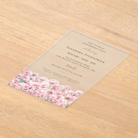 85th Birthday Pink Carnation January Birth Flower アクリル招待状 (レイダウン)