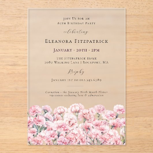 85th Birthday Pink Carnation January Birth Flower アクリル招待状 (正面)