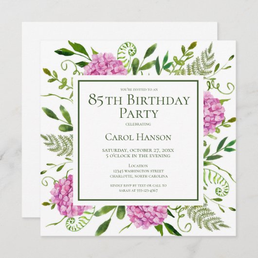 85th Birthday Pink Hydrangeas Card Request  招待状 (正面/裏面)
