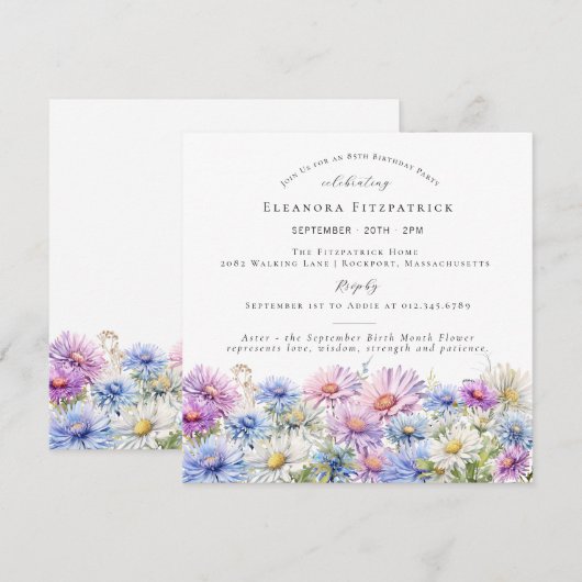 85th Birthday September Birth Month Flower Square 招待状 (正面/裏面)