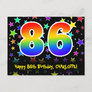 86歳の誕生日おめでとう:楽しいスターパターン、虹86、名前 ポストカード