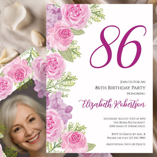 86歳の誕生日カスタムフォトテンプレート ピンクのバラ 招待状