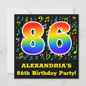 86歳の誕生日パーティー：楽しい音楽のシンボル、虹86 招待状 (正面)