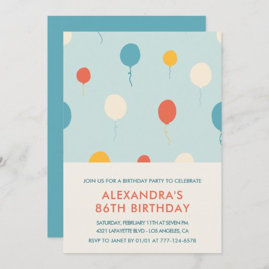 86歳の誕生日招待状バルーンモダン 招待状 (正面/裏面)